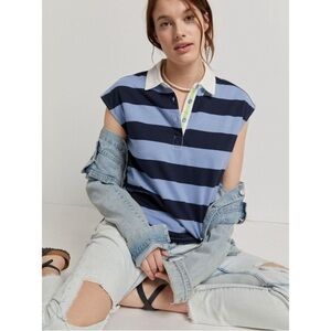 Anthropologie Maeve Porter Stripe Polo Top in Blue Motif
